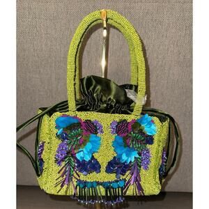Green Beaded NWT Viral Handcrafted in India Embellished Drawstring Mini Handbag